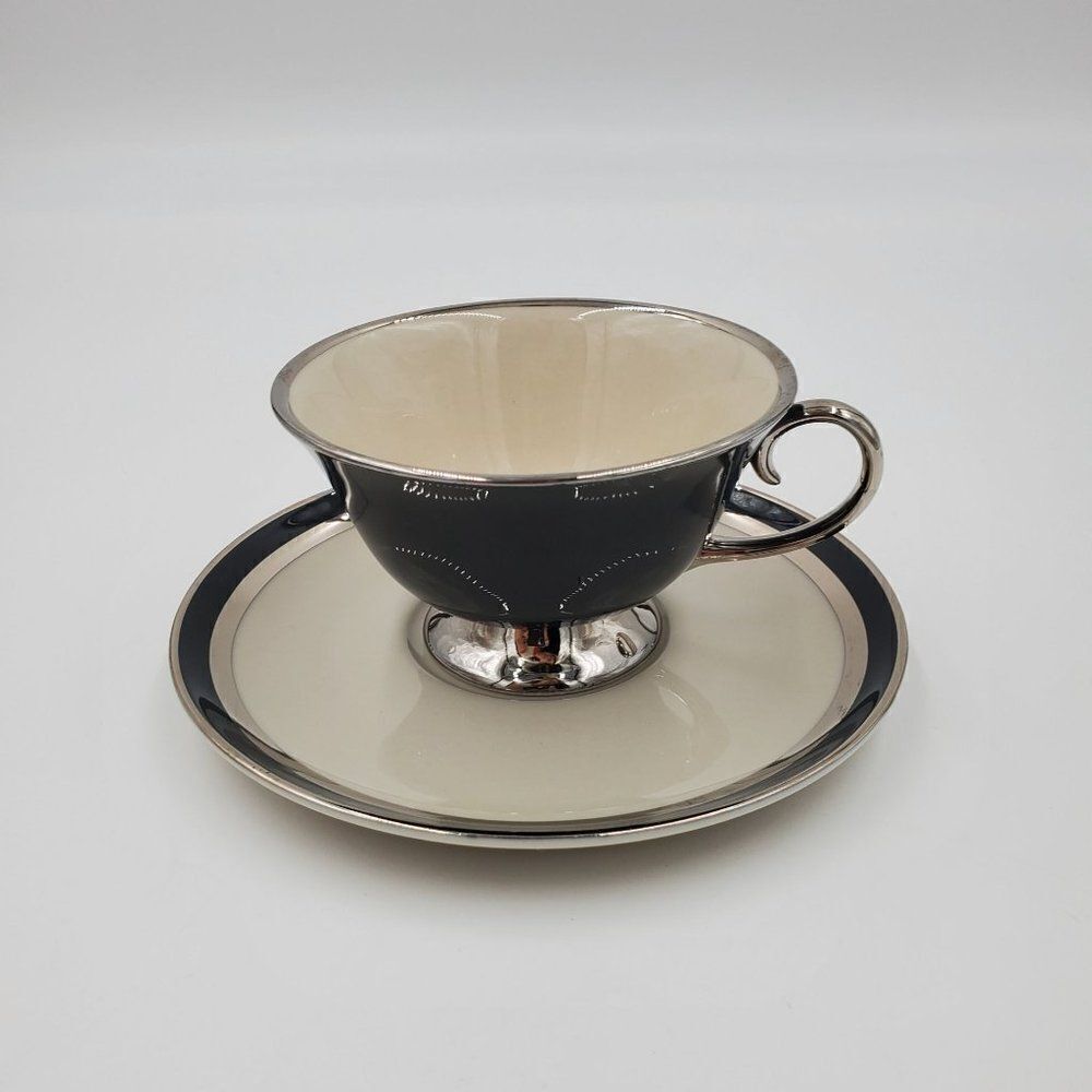 Gorham Flintridge China Contessa Footed Tea Cup & Saucer Platinum Dutch Blue